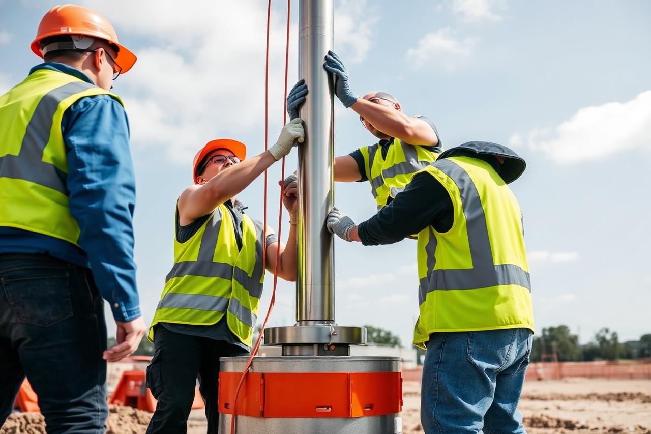 Szakemberek zászlórudat telepítenek betonalapba, munkaruhában